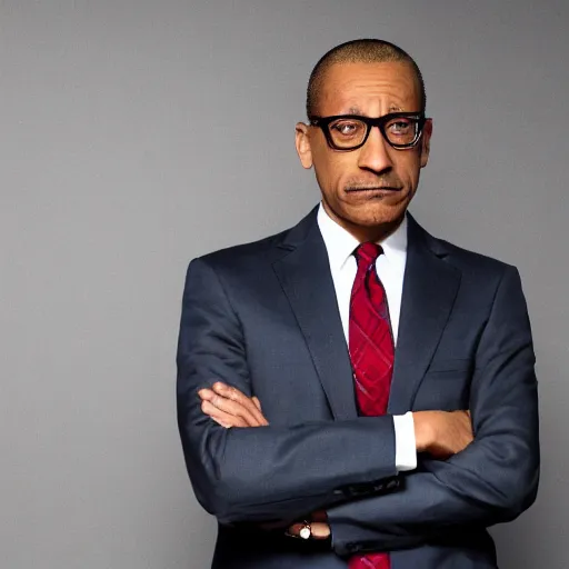 Prompt: Gus Fring looking into the camera and adjusting his tie, photo