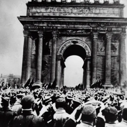 Image similar to black and white photograph of adolf hitler at the triumphal arch victorious after winning the 2 nd world war, while enslaved and chained blacks are seen through the streets under the watchful eye of nazi troops