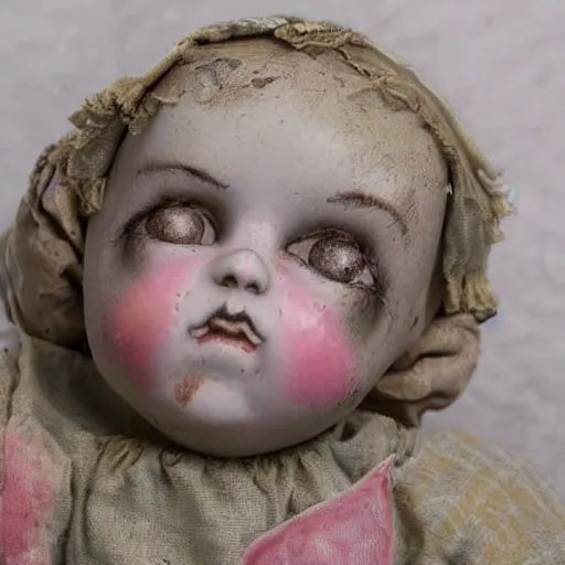 Image similar to A sweet, sad, beautifully shabby antique composition baby doll. She has unusually expressive tin litho sleep eyes, that look as if they’ve seen a world of melancholy.