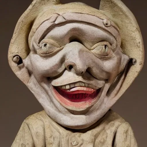 Image similar to grotesque medieval sculpture of howdy doody, detailed rough stone texture