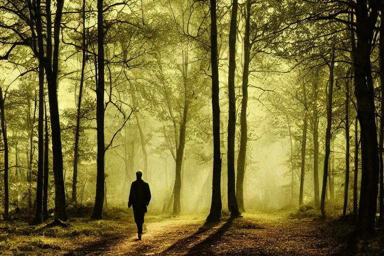 Image similar to a walking man in a forrest, Moody light, beautiful trees, insanely detailed