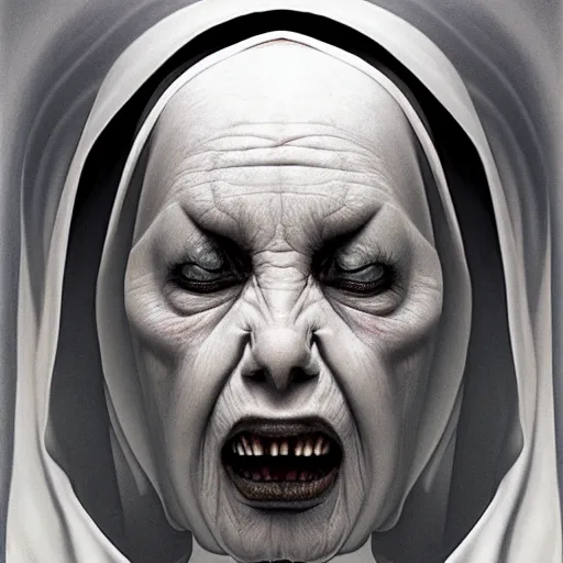 Prompt: portrait of a scary nun by Zdzisław Beksiński, irwin penn, realistic, digital art, unreal engine