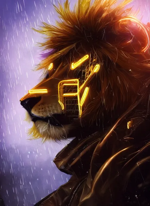 Image similar to award winning beautiful portrait commission of a male furry anthro lion fursona with a tail and a cute beautiful attractive detailed furry face wearing stylish black and gold cyberpunk clothes in a cyberpunk city at night while it rains. Character design by charlie bowater, ross tran, artgerm, and makoto shinkai, detailed, inked, western comic book art