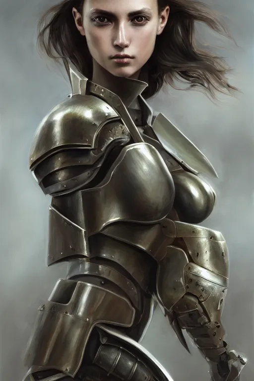 Image similar to a photorealistic painted portrait of an attractive young girl, partially clothed in dull metal-plated battle armor, olive skin, long dark hair, beautiful bone structure, symmetric facial features, perfect eyes, natural physique, intricate, elegant, digital painting, concept art, finely detailed, beautifully illustrated, sharp focus, minimal artifacts, photographic quality, from Metal Gear, by Ruan Jia and Mandy Jurgens and Artgerm and William-Adolphe Bouguerea, in the style of Greg Rutkowski, trending on Artstation, award winning