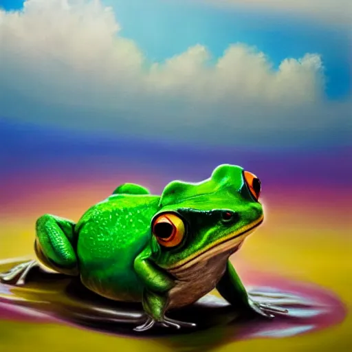 Prompt: photorealistic painting of a giant rainbow frog jumping across a pond on a sunny day, dream filter, award winning art, trending on artstation, 4 k, 8 k