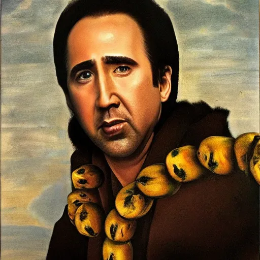 Image similar to highly detailed oil painting of nicolas cage in a banana, 4 k, in the style of caravaggio and dali