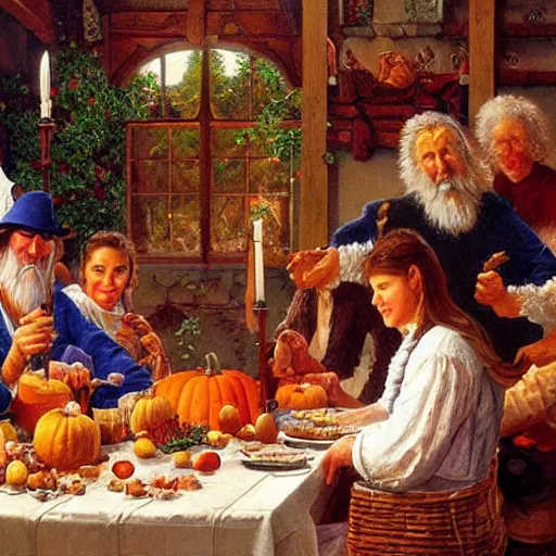 Image similar to the first Thanksgiving, Darrell K Sweet, artstation, digital art, johfra bosschartau