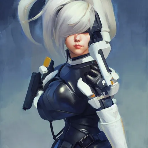 Image similar to greg manchess portrait painting of yorha no. 2 type b as overwatch character, medium shot, asymmetrical, profile picture, organic painting, sunny day, matte painting, bold shapes, hard edges, street art, trending on artstation, by huang guangjian and gil elvgren and sachin teng