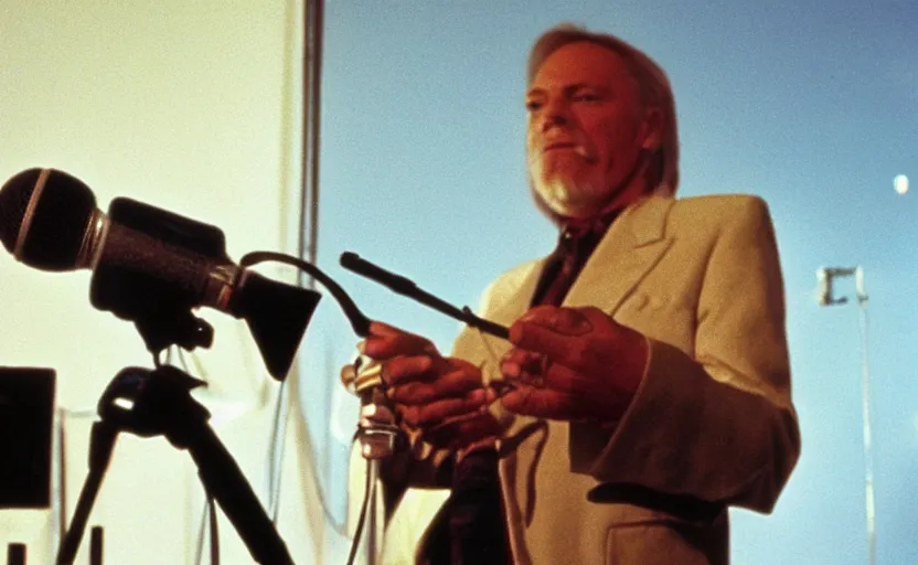 Prompt: a man standing in front of a microphone, a screenshot by david gilmour blythe, trending on cg society, retrofuturism, 1 9 9 0 s, y 2 k aesthetic, movie still