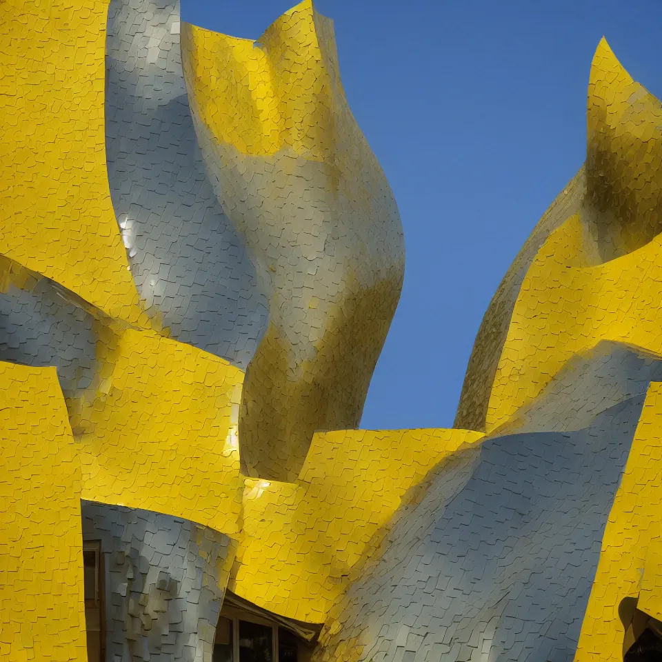 Prompt: a small house, designed by Frank Gehry. Big Tiles. Film grain, cinematic, yellow hue