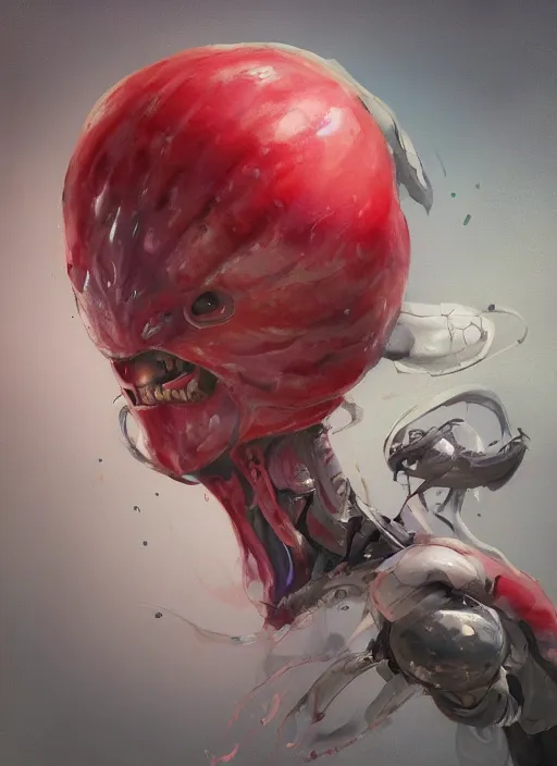 Prompt: semi reallistic gouache gesture painting, by yoshitaka amano, by ruan jia, by Conrad roset, by dofus online artists, detailed anime 3d render alien watermelon monster, watermelon alien terrible monster, antrophomorfic watermelon, portrait, cgsociety, artstation, rococo mechanical, Digital reality, sf5 ink style, dieselpunk atmosphere, gesture drawn