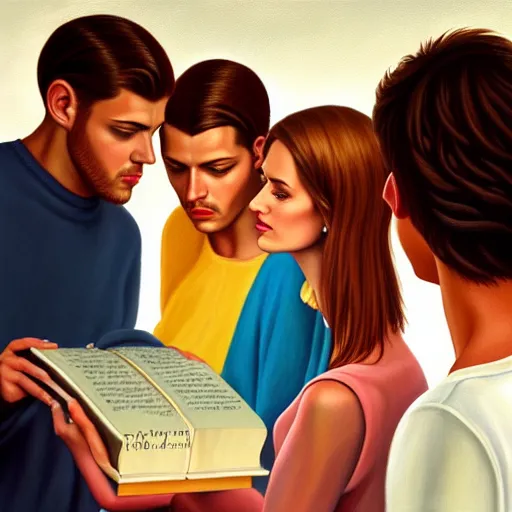 Prompt: hyperrealistic painting of a beautiful young woman holding a book while three men and a woman peep into the book from behind, detailed digital art, trending on artstation