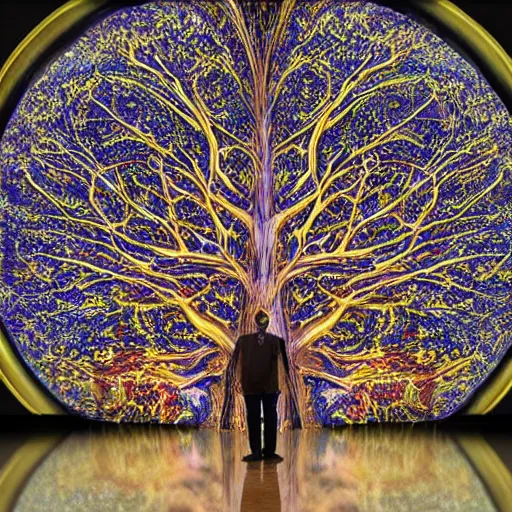 Prompt: a human man standing next to a cosmic tree, a sense of awe, amazement, monogon, plasma display, damascus, multiscopy, morph, in a symbolic and meaningful style, insanely detailed and intricate, hypermaximalist, elegant, ornate, hyper realistic, super detailede