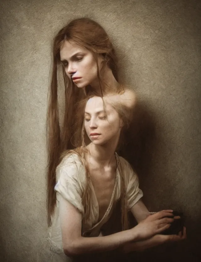 Image similar to portrait of beautiful peasant girl with long hair in a bathroom, minimalistic interior, soviet style, Cinematic focus, Polaroid photo, vintage, neutral colors, soft light, foggy, by Steve Hanks, by Serov Valentin, by lisa yuskavage, by Andrei Tarkovsky 8k render, detailed, oil on canvas