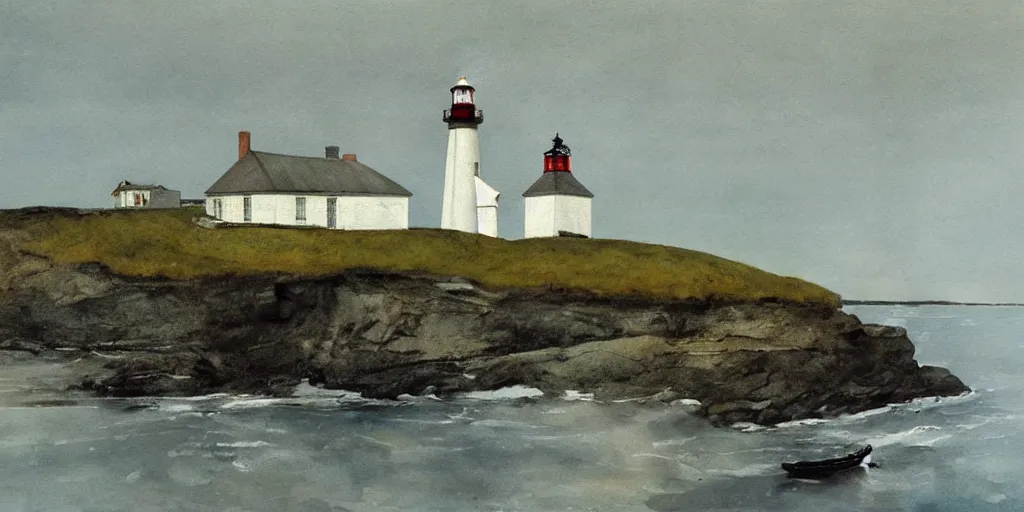 Image similar to a painting by Andrew Wyeth, lighthouse and house in front of the sea, artstation