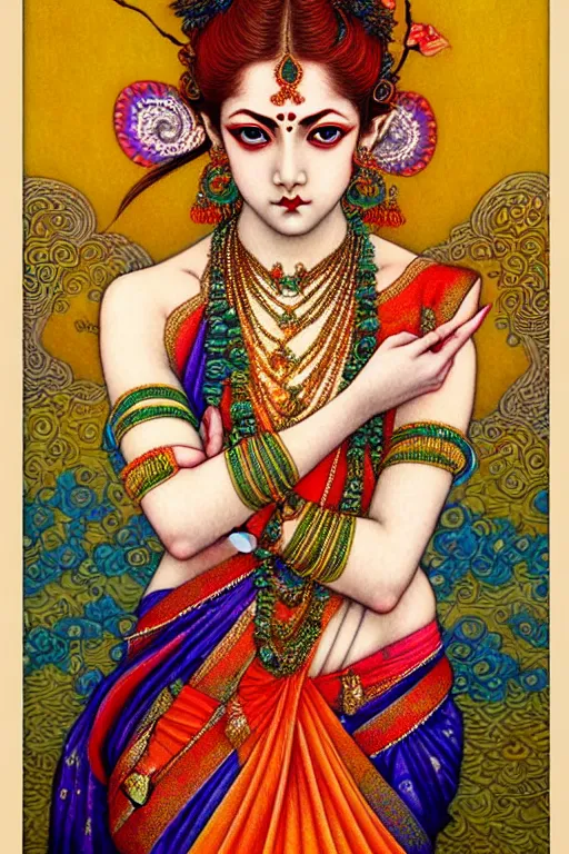 Image similar to beautiful and playful ginger hindu dancer, art nouveau, fantasy, intricate indian flower designs, elegant, delicate hands, highly detailed, sharp focus, art by chie yoshii