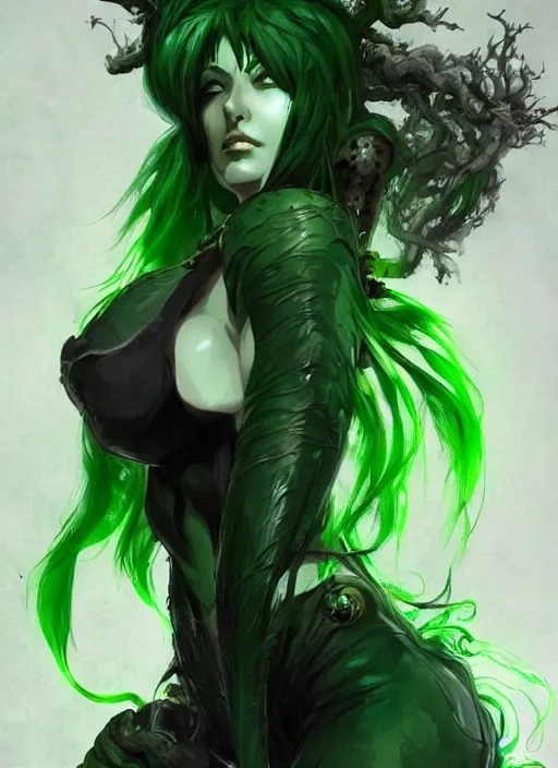 Image similar to Half body portrait of a beautiful dryad blood mage with green hair. In style of Yoji Shinkawa and Hyung-tae Kim, trending on ArtStation, dark fantasy, great composition, concept art, highly detailed.