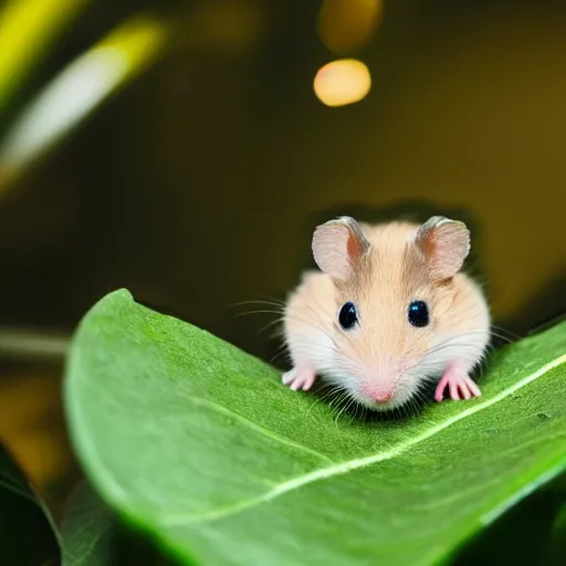 Prompt: a very tiny dwarf hamster eating a large tropical leaf, realistic, depth of field, bokeh blur, studio lighting, detailed, 4 k ultra hd