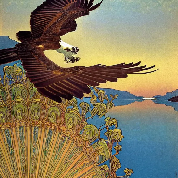 Prompt: an osprey in flight over a spectacular mountain lake at golden hour. art nouveau. surrealism. incredibly beautiful digital art. by alphonse mucha.