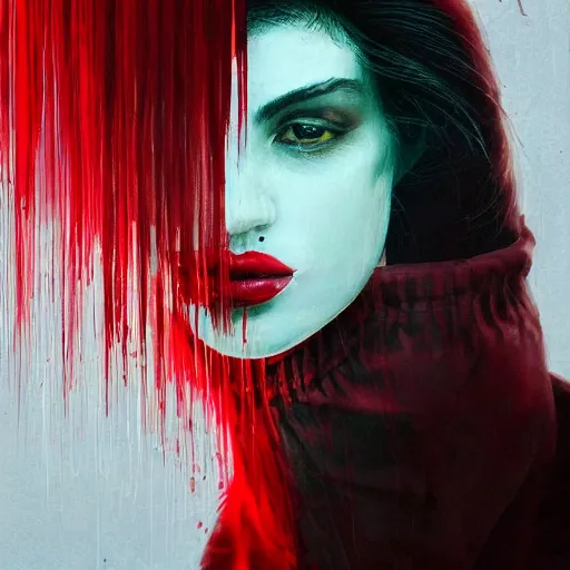 Image similar to lips sewn shut of a pelham puppet surrounded by red curtains by Conrad Roset and Nicola Samuri, medium shot, rule of thirds, seductive look, beautiful, intricate, dystopian, sci-fi, extremely detailed, digital painting, artstation, concept art, smooth, sharp focus, intimidating lighting, incredible art, details visible, very dark ambiance