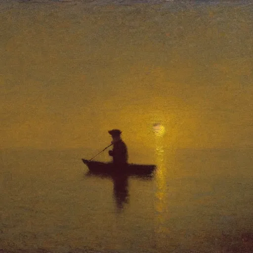 Image similar to silhouette of an old man fishing from a tiny boat at dawn, tonalism