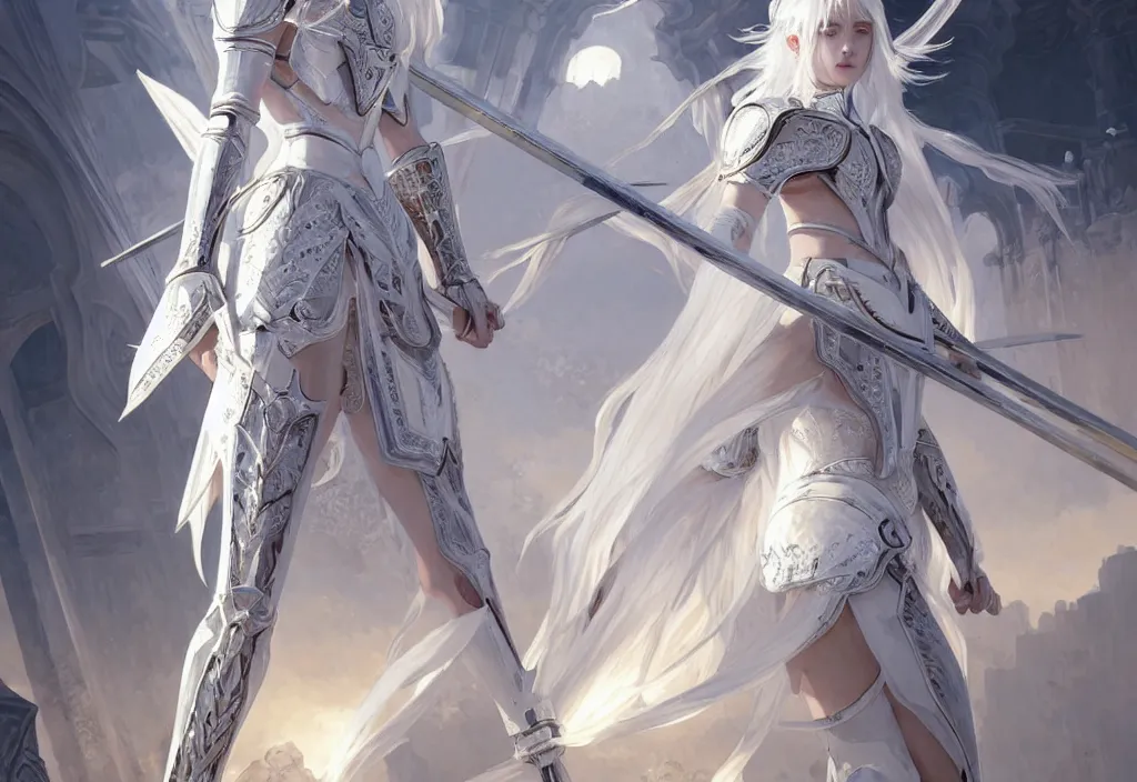 Prompt: white hair knights of zodiac girl wearing matt white ice color armor, kenjutsu dueling in ruined agora of athens sunrise, ssci - fi and fantasy, intricate and very beautiful and elegant, highly detailed, digital painting, artstation, concept art, smooth and sharp focus, illustration, art by tian zi and wlop and alphonse mucha