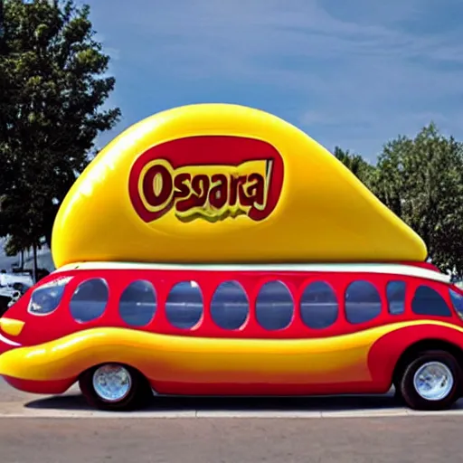 Prompt: very weird, very wrong concept of the Oscar Mayer Wienermobile on the street, photograph from a car show