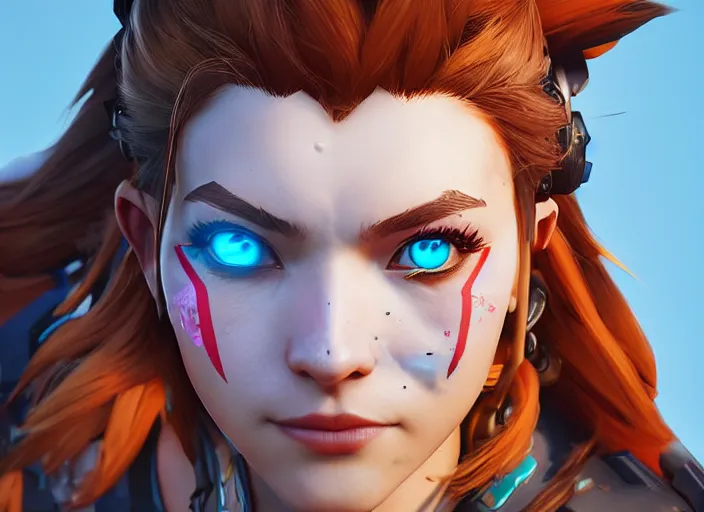 Image similar to one character, overwatch, brigitte, horizon zero dawn, aloy, digital art, high detailed, artstation, octane render