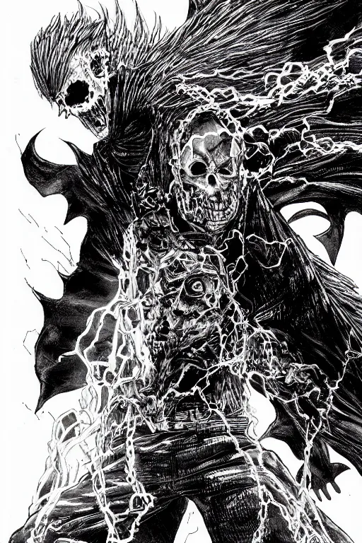 Image similar to Nikolas Cage as a Ghost Rider by Kentaro Miura, highly detailed, black and white