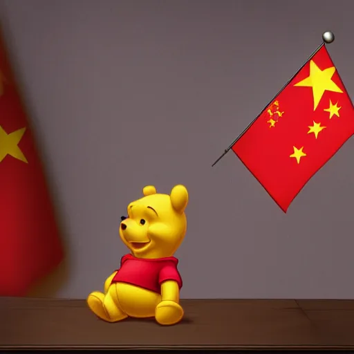 Image similar to hyperrealistic, hdr, 4 k, 8 k, photograph, cinematic lighting, moody overtones, drawing of winnie the pooh in china, with a chinese flag behind him