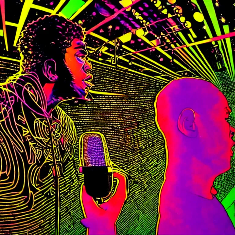 Image similar to rapping into microphone, epic angle, profile view, silhouetted, distinct, psychedelic hip-hop, laser light show, beams of light, illustrated by Victor Moscoso