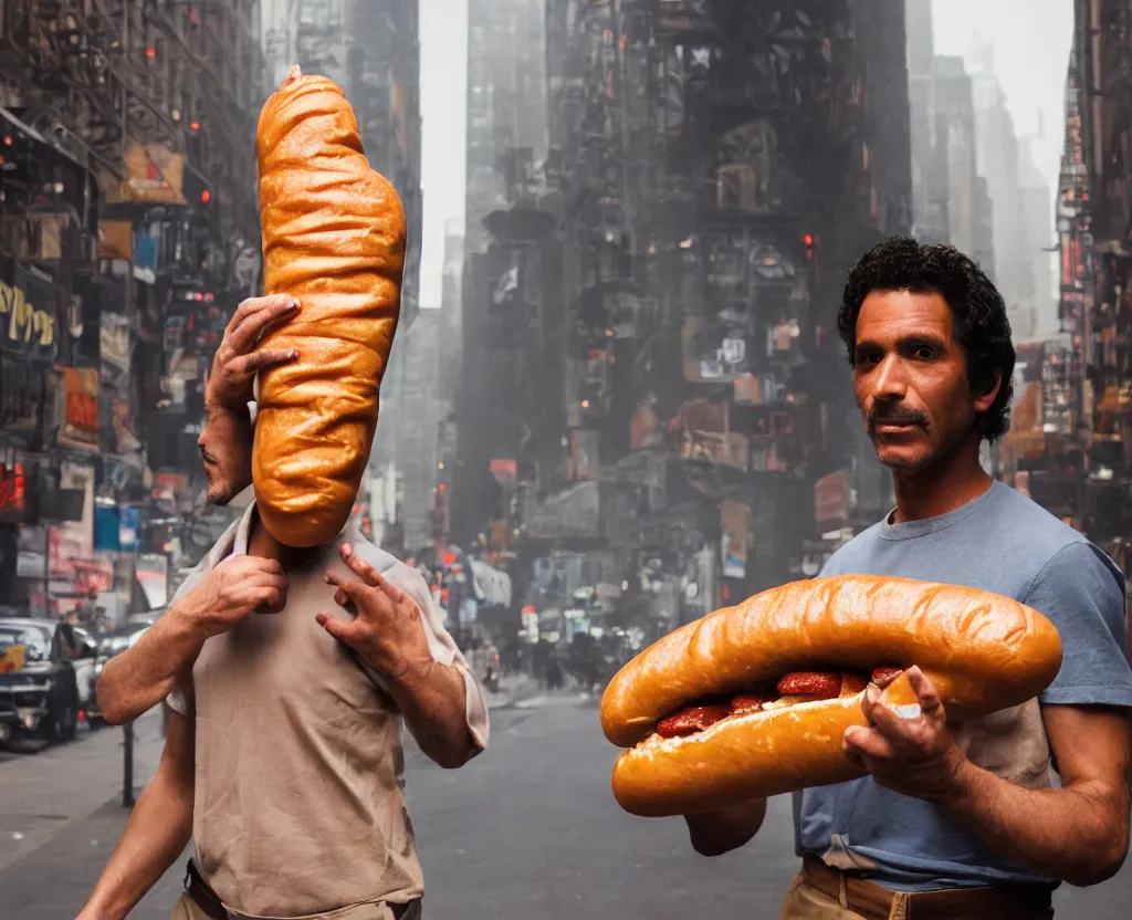 Image similar to closeup portrait of a man carrying a giant hotdog on his shoulder in a smoky new york back street, by Annie Leibovitz and Steve McCurry, natural light, detailed face, CANON Eos C300, ƒ1.8, 35mm, 8K, medium-format print