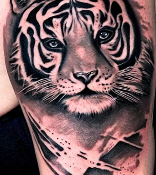 Image similar to tattoo design of a beautiful girl warrior under a tiger head, hyper realistic, realism tattoo, by eliot kohek, beautiful eyes, realistic face, black and white, white background