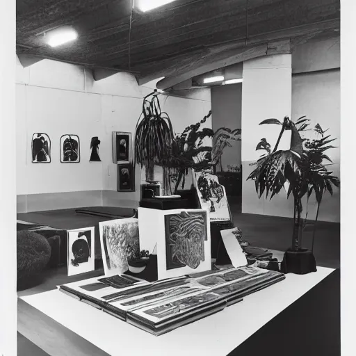 Image similar to A black and white photography of an exhibition space with objects of Sun Ra, Marcel Duchamp and tropical plants, 60s, offset lithography print, newspaper, distant shot