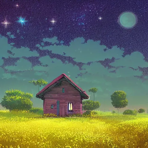 Image similar to A small lonely house in the middle of a flowery field. Beautiful view of the milky way in the night sky. Wide angle shot, award-winning digital art in the anime style by studio Ghibli