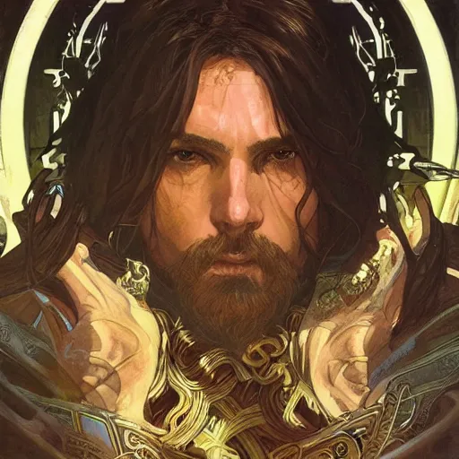 Prompt: Ezra, assassin of the hidden god. Epic portrait by james gurney and Alfonso mucha (lotr, witcher 3, dnd, dragon age, gladiator, scoia'tael).