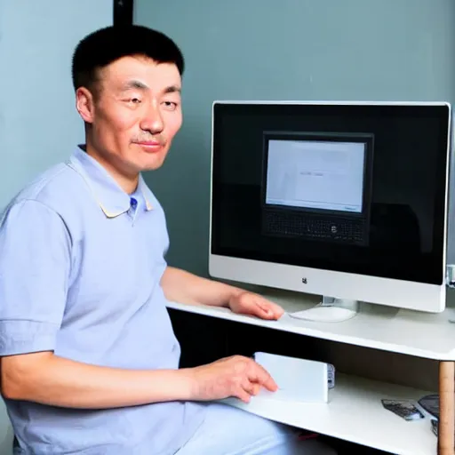 Prompt: a chinese man in front of a computer, thinking his life