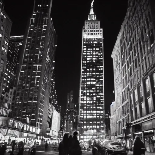 Prompt: / imagine prompt : people looking at the sky in new york square, night time, filmic, dramatic, night vision, wide angle, vignette, monochrome, 4 k, 8 k, sad, nightlight, cinematic lighting, insanely detailed and intricate, hypermaximalist, elegant, ornate, hyper realistic, super detailed