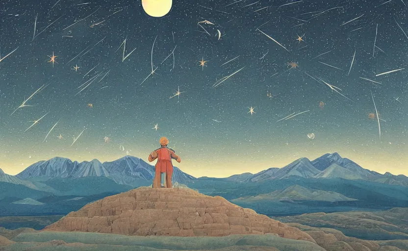 Prompt: mountains, stars and paisley filled sky, artstation, intricate, highly detailed, digital painting, concept art, sharp focus, illustration by Piero della Francesca and Tom Whalen