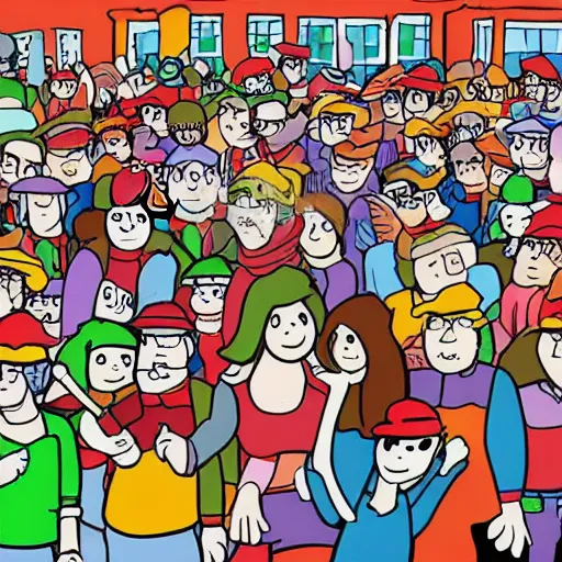 Image similar to waldo in a crowd hand drawn cartoon busy city scene with lots of people doing activities and not paying attention comic antics goofy