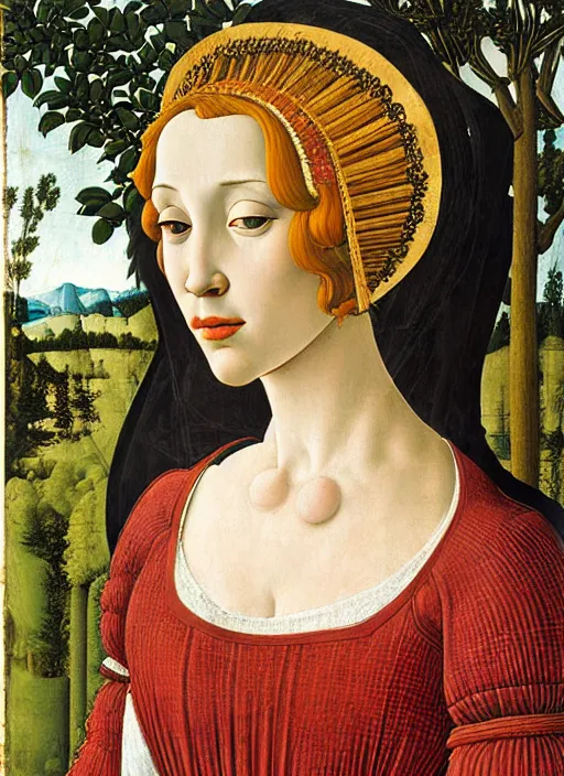 Prompt: portrait of young woman in renaissance dress and renaissance headdress, art by sandro botticelli