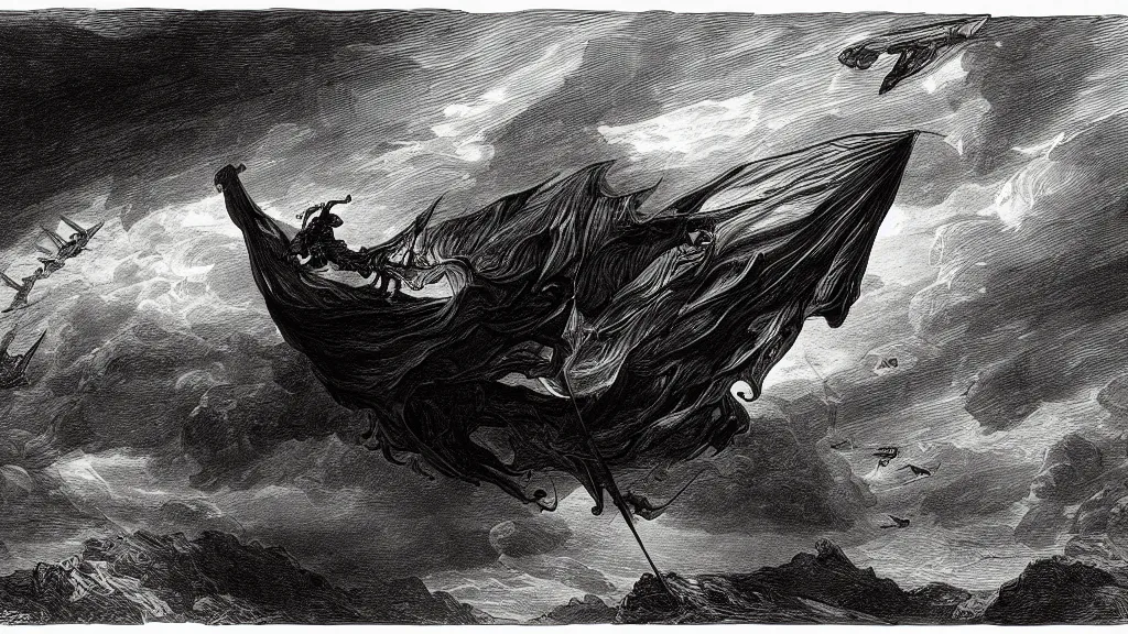 Image similar to drawing of an ornithopter flying toward a desert storm, by gustave dore, nineteenth century, black and white, vintage, science fiction, epic composition, dramatic lighting, highly detailed, cinematic