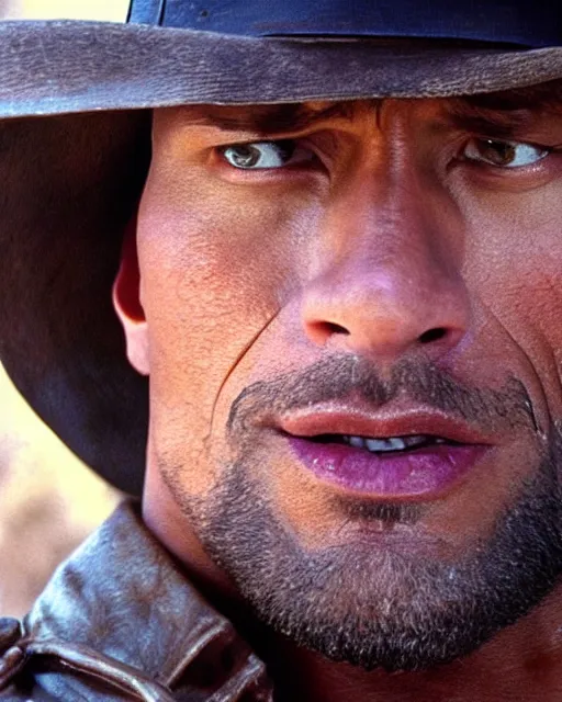 Image similar to Film still close-up shot of Dwayne Johnson as Indiana Jones in the movie Raiders of the Lost Ark. Photographic, photography