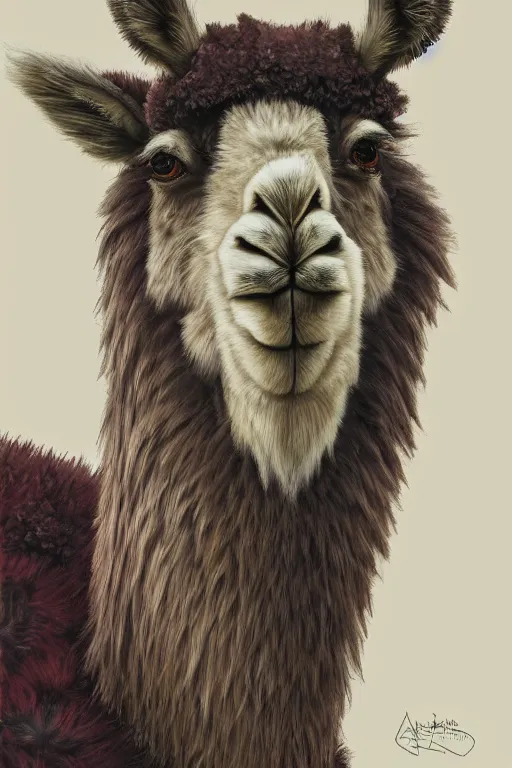 Prompt: Anthro Portrait of japanese llama, D&D, dark fantasy, anthro portrait, sakura blooming on background, intricate, elegant, llama portrait, highly detailed, digital painting, artstation, concept art, smooth, sharp focus, llama, illustration, art by artgerm and greg rutkowski and alphonse mucha, daily deviation, very very llama