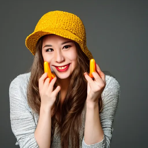 Prompt: portrait of a smiling 2 5 - year - old woman with 9 0 degree nails pretty face oriental, perfect eye look up a bit, medium yellow blond hair, character with an orange hat, hair comes out of the hat a little