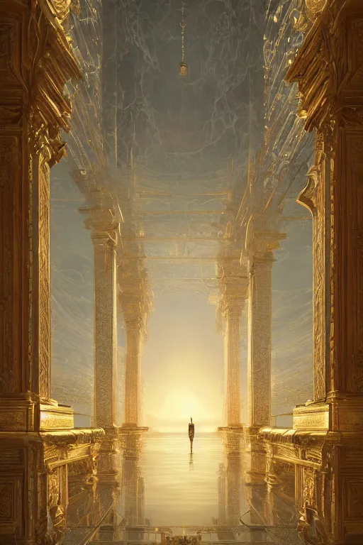 Prompt: vanishing point palace is like the kremlin covered with golden roses on a lake, viewed from afar, stephen bliss, misty, unreal engine, fantasy art by greg rutkowski, loish, ferdinand knab, and lois van rossdraws,, global illumination, radiant light, minimalist, detailed and intricate environment