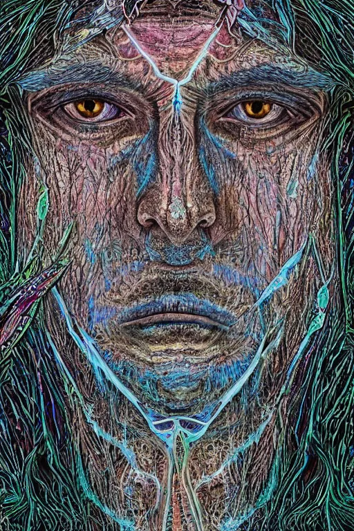 Image similar to beautiful dark portrait of one Bioluminescent old shaman, with cracked fractal semi-transparent skin. multicolored fish scales, closeup. long hair full of insects and plant leaves. at night, realistic. intricate, very detailed, by alex grey and Moebius