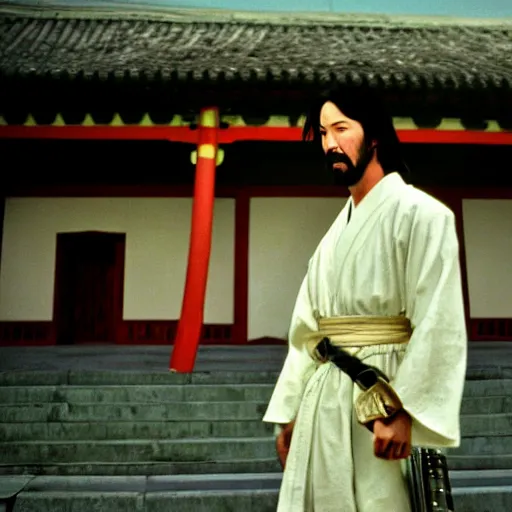 Image similar to cinematic film still of Keanu Reeves starring in a Steven Spielberg film as A Japanese Samurai at a temple, 1999, shallow depth of field, photograph, natural lighting