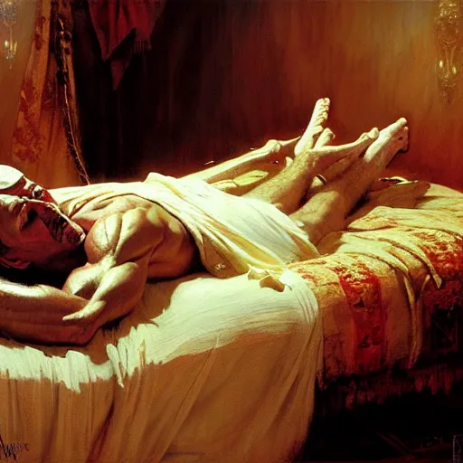 Image similar to the pope laying down in his bed, terrified, because a double horned shadow demon is in the the bedroom. highly detailed painting by gaston bussiere, greg rutkowski, craig mullins 8 k