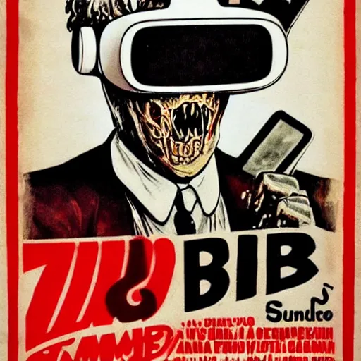 Prompt: old film poster zombie wearing vr, text reads zombie,!!!!!!!!! zombie!!!!!!!!!